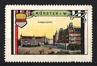 Reklamemarke Münster i.W., Ludgeriplatz, Ortsansicht mit Wappen