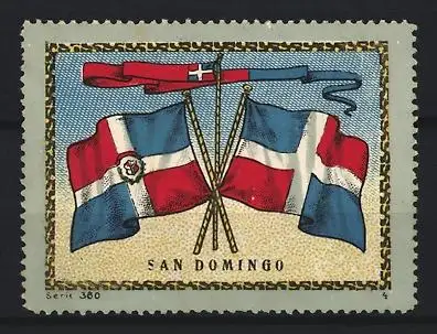 Reklamemarke San Domingo, gekreuzte Flaggen und Wimpel