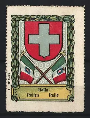 Reklamemarke Italien, Wappen mit Kreuz und Flaggen