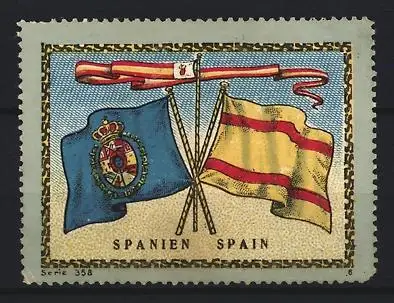 Reklamemarke Spanien, gekreuzte Flaggen und Wimpel