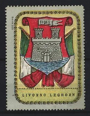 Reklamemarke Livorno, Burgtor auf Wappen und Flaggenmotiv