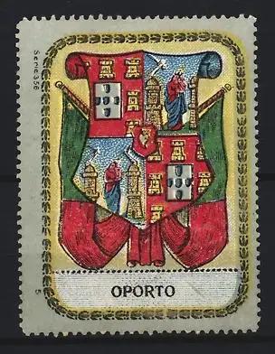 Reklamemarke Oporto, Wappen mit Türmen und Figuren