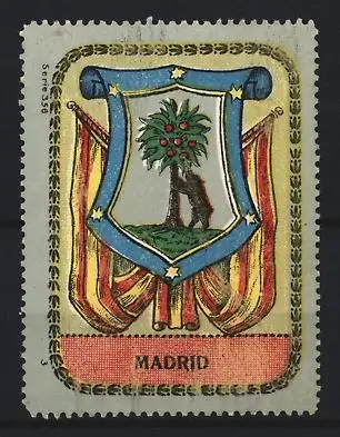 Reklamemarke Madrid, Wappen mit Bär, Stadtwappen und Fahnen