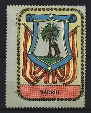 Reklamemarke Madrid, Wappen mit Bär und Fahnen
