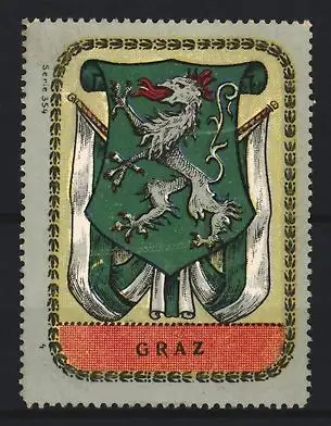 Reklamemarke Graz, Wappen mit Löwe, Schild und Fahnen