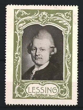 Reklamemarke Lessing, Porträt des Dichters mit verziertem Rahmen