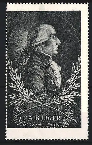 Reklamemarke G.A. Bürger, Porträt des Dichters mit Lorbeerkranz