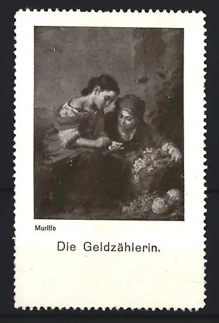 Künstler-Reklamemarke Murillo, Die Geldzählerin, Frauen beim Zählen von Geld
