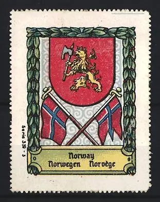 Reklamemarke Norway, Wappen, Löwe und gekreuzte Flaggen