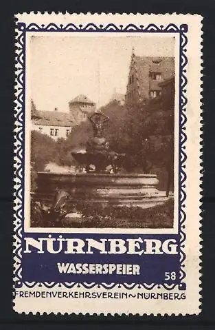 Reklamemarke Nürnberg, Fremdenverkehrsverein, Wasserspeier, Brunnen im Stadtbild