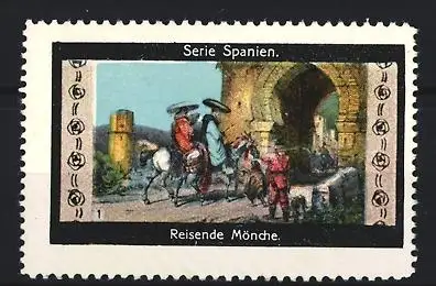 Reklamemarke Spanien, Reisende Mönche, Reisegruppe vor Torbogen