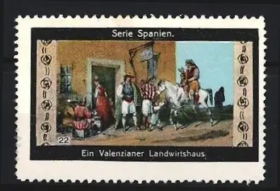 Reklamemarke Spanien, Ein Valenzianer Landwirtshaus, ländliche Szene mit Reitern