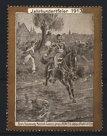 Reklamemarke Leipzig, Jahrhundertfeier 1913, Marschall auf Pferd in Fluss