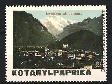 Reklamemarke Interlaken, Kotanyi-Paprika, Gewürz, Jungfrau-Bergansicht