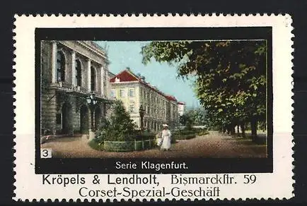 Reklamemarke Klagenfurt, Kröpels & Lendholt, Corset-Spezial-Geschäft, Parkansicht