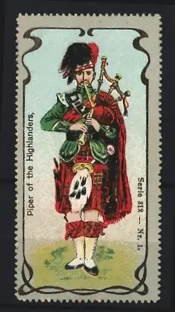 Reklamemarke Piper of the Highlanders, Dudelsackspieler in Tracht