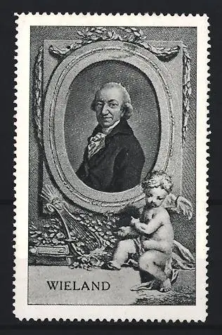 Reklamemarke Wieland, Porträt mit Engel, klassisches Design