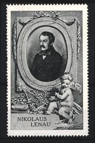 Reklamemarke Nikolaus Lenau, Schriftsteller, Porträt mit Engel