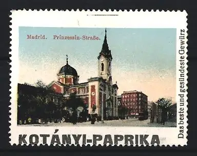 Reklamemarke Madrid, Kotányi-Paprika, Gewürz, Kirche an der Prinzessin-Strasse
