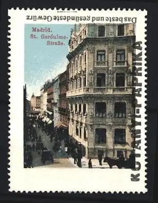Reklamemarke Madrid, Kotányi-Paprika, Gewürz, St. Gerónimo-Strasse, Strassenszene