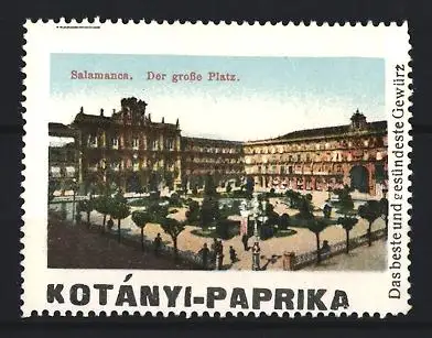 Reklamemarke Salamanca, Kotányi-Paprika, Gewürz, Der grosse Platz, Plaza mit Gebäuden und Bäumen