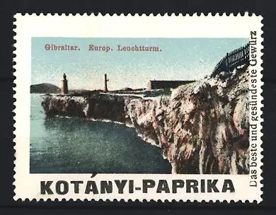 Reklamemarke Gibraltar, Kotányi-Paprika, Gewürz, Leuchtturm