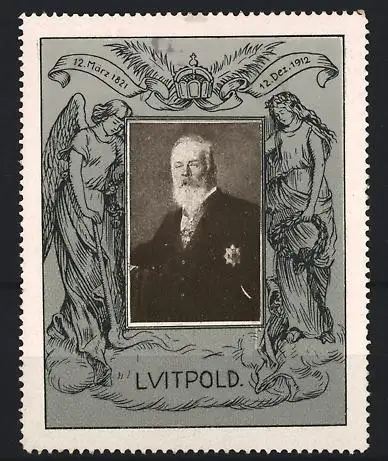 Reklamemarke Luitpold von Bayern, Porträt mit Engeln und Daten 1821-1912