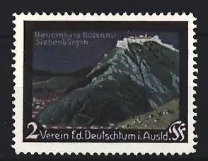 Reklamemarke Rosenau, Verein für das Deutschtum im Ausland, Bauernburg Siebenbürgen, Landschaftsansicht