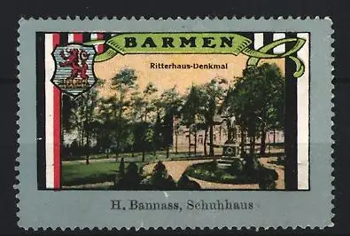 Reklamemarke Barmen, H. Bannass, Schuhhaus, Ritterhaus-Denkmal, Wappen und Parkansicht