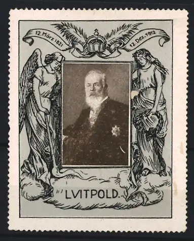 Reklamemarke Luitpold von Bayern, Porträt mit Engeln und Daten 12. März 1821, 12. Dez. 1912