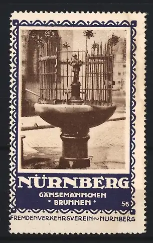 Reklamemarke Nürnberg, Fremdenverkehrsverein, Gänsemännchen Brunnen, Brunnen mit Figur