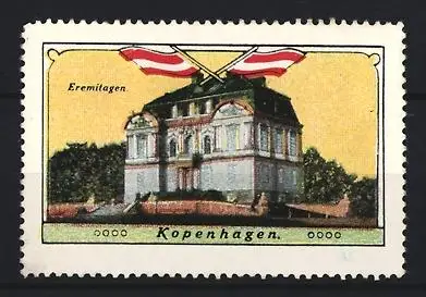 Reklamemarke Kopenhagen, Eremitagen, Gebäude mit Flaggen