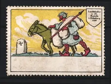 Reklamemarke Landhändler, Rudolf v. Habsburg, Mann mit Esel und Speer,  auf dem Grabstein