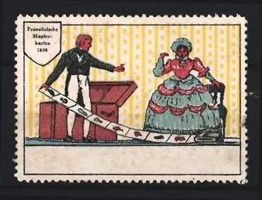 Reklamemarke Französische Musterkarten 1836, Händler zeigt einer Dame seine Kollektion