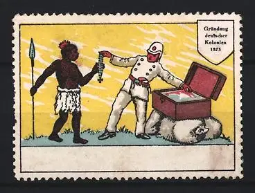Reklamemarke Deutscher Kolonist übergibt einem Ureinwohner Schmuck