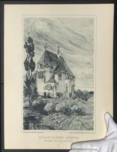 Fotografie Lichtdruck Carl Ebner, Stuttgart, Ansicht Stuttgart, Entwurf zu einem Landhaus, Architekt Richard Katz