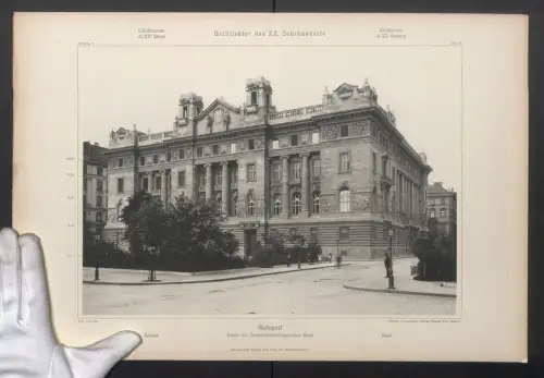 Fotografie Lichtdruck Ernst Wasmuth, Berlin, Ansicht Budapest, Palais der Österreichisch-Ungarischen Bank, 48 x 32cm