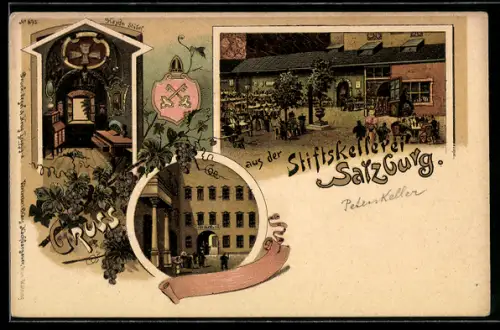 Lithographie Salzburg, Gasthaus Stiftskellerei, Innen- und Hofansichten