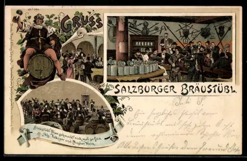 Lithographie Salzburg, Restaurant Salzburger Bräustübl, Innenansichten mit Bierstube und Gästen