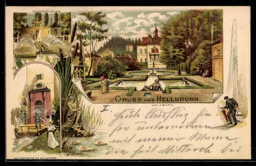Lithographie Hellbrunn /Salzburg, Schloss, Park mit Wasserspielen, Neptun-Grotte