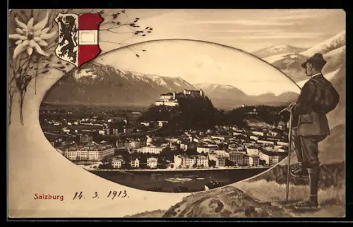 AK Salzburg, Stadtansicht mit Festung Hohensalzburg und Altstadt, Wappen und Wanderer