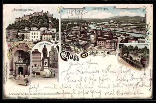 Lithographie Salzburg, Festung Hohensalzburg, Ortspanorama mit Salzach, Mozart-Denkmal, Neutor