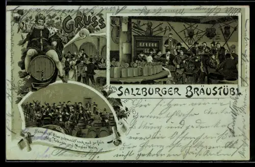 Lithographie Salzburg, Restaurant Bräustübl, Schankraum mit Bierfässern und Kapelle