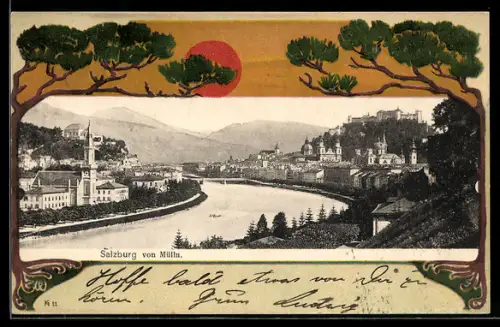 Lithographie Salzburg von Mülln, Panorama mit Salzach und Festung Hohensalzburg