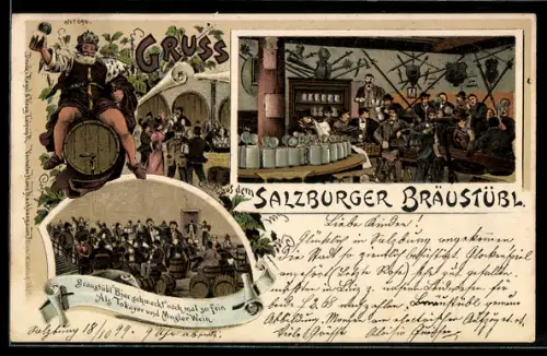 Lithographie Salzburg, Bräustübl, Schankraum und Biergarten