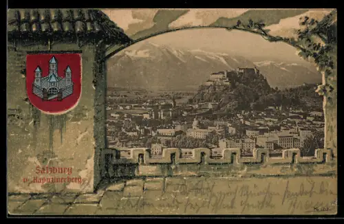 AK Salzburg, Stadtansicht vom Kapuzinerberg mit Festung Hohensalzburg, Wappen