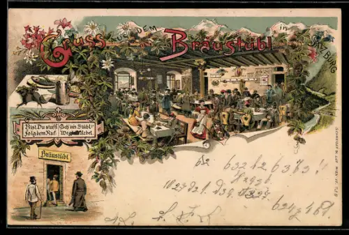 Lithographie Salzburg, Restaurant Braustübl, Gaststube mit Gästen