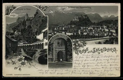 Mondschein-Lithographie Salzburg, Panorama vom Kapuzinerberg mit Festung Hohensalzburg, Neutor, Friedhof St. Peter