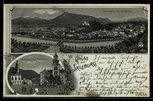 Mondschein-Lithographie Salzburg, Stadtansicht mit Festung Hohensalzburg und Salzach, Michaelskirche und Residenz
