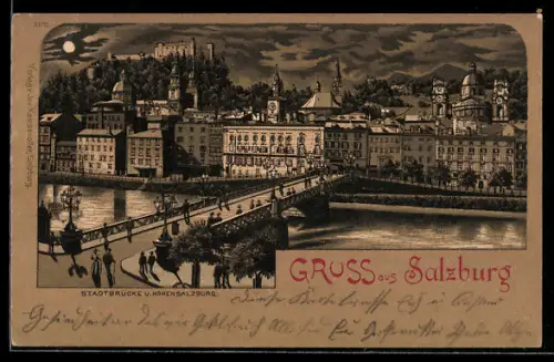 Lithographie Salzburg, Stadtbrücke und Hohensalzburg